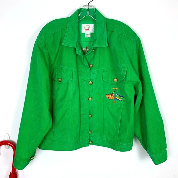 Vintage 90s MONDI Green Denim Embroidered Nautical Trucker Style Jacket Size 14 - Picture 1 of 16